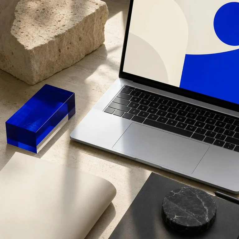 Editorial still life of a laptop, cream paper and a cobalt-blue glass block on a stone surface